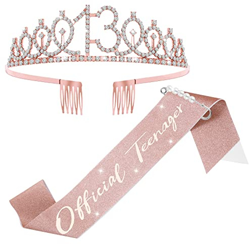 Abeillo Banda y corona de 13 cumpleaños para niñas, corona de cumpleaños de oro rosa 13 y decoración oficial de adolescente, banda de satén para regalos de 13 cumpleaños para fiesta de 13 cumpleaños