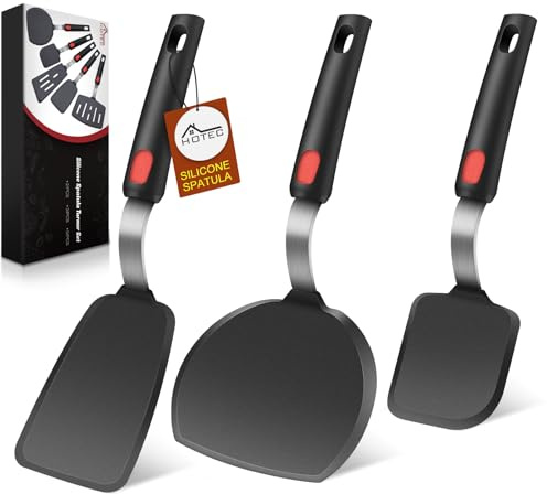 Hotec Silicone Spatula Turner for Nonstick Cookware, Cooking Spatulas 600°F Heat Resistant Large Flexible Rubber Spatula Set of 3, Kitchen Utensils for Flipping Eggs, Burgers, Pancakes, Crepes