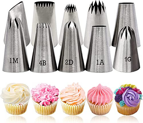 XOPOZON Set di 10 Beccucci in Acciaio Inox, Beccucci Sac a Poche Grandi, Punte per Piping Grandi (1M, 2D, 4B, 1A, 124, 3K, 8A, 5FT, 111 e 1G) per Decorare Torte Crema Cupcake