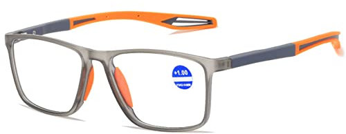 Lanomi Mode Kurzsichtige Blaulichtfilter Brille Rechteckig TR90 Rahmen Flexibel Leichte UV400 Schutz Outdoor Myopia Brillen für Damen Herren Grau Rahmen Orange Arm -1.0