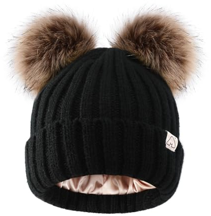 Hat Hut Berretto Invernale Donna con Pompon Cappelli Invernali in Raso Foderato per Capelli Ricci Caldo Pom Pom Beanie a Maglia Bobble Hat (IT, Testo, Taglia Unica, B2-Nero 2 Poms Marroni)