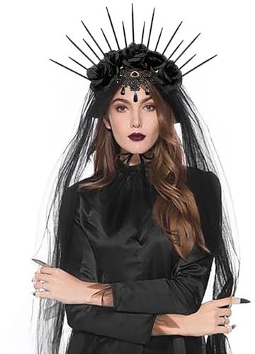 Accessoires pour cheveux d'Halloween, bandeau fleur rose Halloween bandeau avec voile, voile noir gothique accessoires pour cheveux, couronne bandeau Halloween, pour le jour funéraire de la fête des