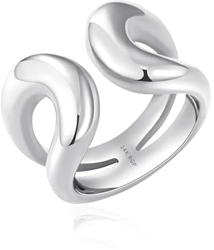 NVWAROCK Silver Chunky Bands Ring Real White Gold Plated Open Statement Rings for Women and Men Double Layer High Polish Stackable Thick Ring Size 6