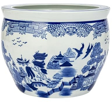 Creative Co-Op Hand-Painted Stoneware Planter, Blue and White