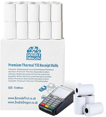 Double Dragon, 57 x 40 mm Premium Termiskt Kvitto-pappersrulle för PDQ Kortterminal, POS, EPOS [Förpackning med 10] (Förpackningen kan variera)