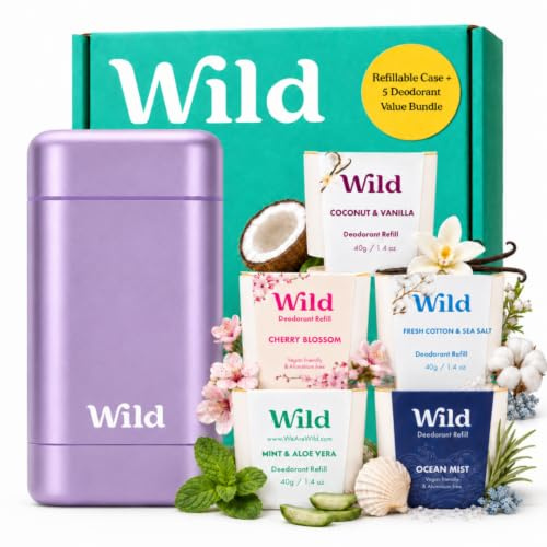 Wild - The Full Monty Starter Kit - Purple Case with Refills in a Variety of Clean Scents 5 x 40g - Refillable Deodorant & Aluminium Free - Long Lasting Protection - Natural Ingredients