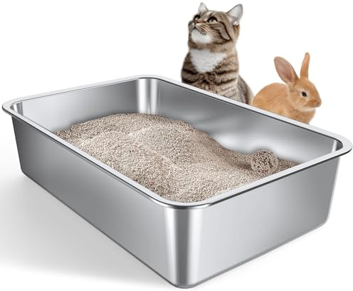 Gimars Bac à Litière Extra Large en Acier Inoxydable Épais, Facile à Nettoyer, Antirouille, sans Odeurs, avec Parois Hautes, pour Chats et Lapins