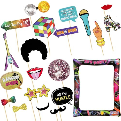 70s Photo Booth Props Disco Party Inflatable Selfie Photo Frame 21 pc Disco Photo Booth Kit, 20 Adhesive Pads, 20 Sticks - Disco Photo Booth Props - 70's Party Props - 70s Decorations