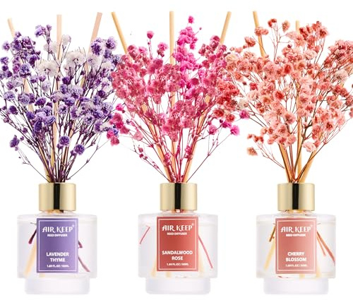 Airkeep Parfymdiffuser 50 ml*3, lavendeltym, rosa sandalträ, körsbärsblom diffusor hem med 24 pinnar, diffusor, dekoration för sovrum, vardagsrum, badrum, kontor