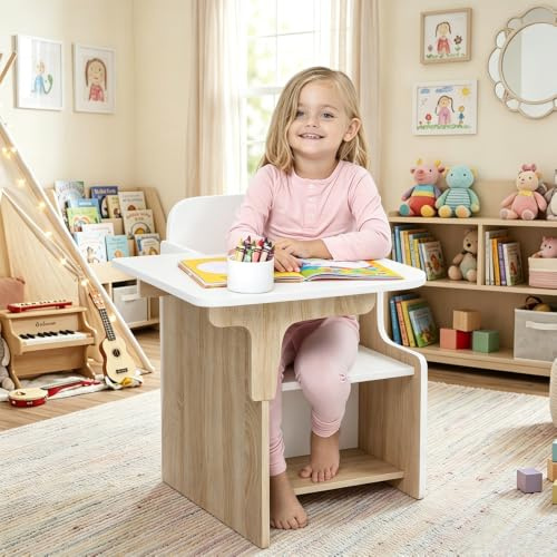 Rainbow Tree 2 in 1 Wooden Children Table with Chair, Small Kids Table and Chair Set with Storage for Toys Books, Suitable for Kids Children Toddlers Boys Girls (White+Walnut)