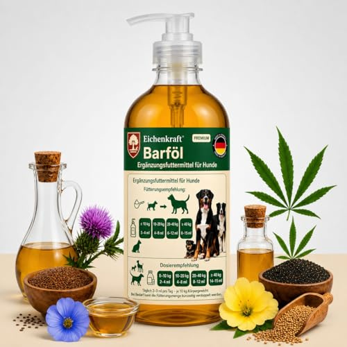 Premium Lachsöl für Hunde mit Omega 3, Omega 6, Omega 9-500ml – Barf Öl mit Lachsöl, Leinöl, Hanföl & Schwarzkümmelöl – 100% Naturrein – Unterstützung für Fell, Haut & Wohlbefinden - Made in Gemany