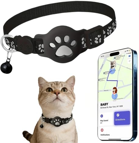 Collier GPS pour Chat sans Abonnement, Traceur pour Animaux avec Localisation en Temps Réel, Étanche et Léger, Ajustable de 19 à 32 cm, 8 Styles Disponibles (Noir-Localisateur Noir, Empreintes)