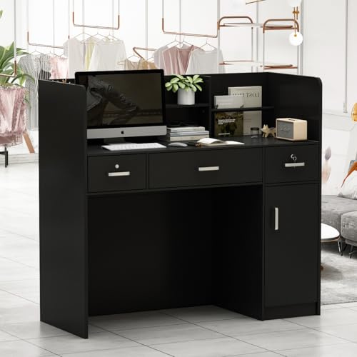 PREMTURE Bancone per ricevimento, nero, 110 x 120 x 48 cm, stabile bancone per ricevimenti e reception con 3 cassetti e 1 armadio, pratico bancone per vendite per negozi, ufficio e commerciali