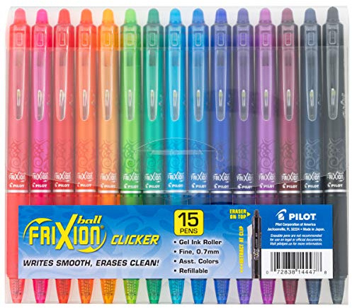 PILOT Pen 14447 FriXion Clicker Erasable, Refillable & Retractable Gel Ink Pens, Fine Point, Assorted Color Inks, 15-Pack Pouch