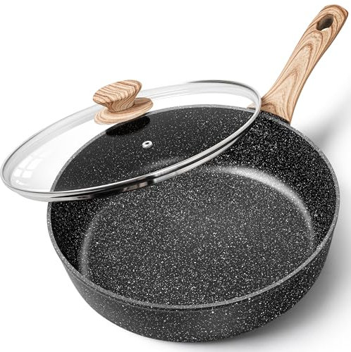 MICHELANGELO Deep Frying Pan 28cm, Non Stick Saute Pan 28 cm, Fry Pan with Lid with Soft Bakelite Handle, Sautepan with Lid, Deep Frying Pans for Induction Hob, Black
