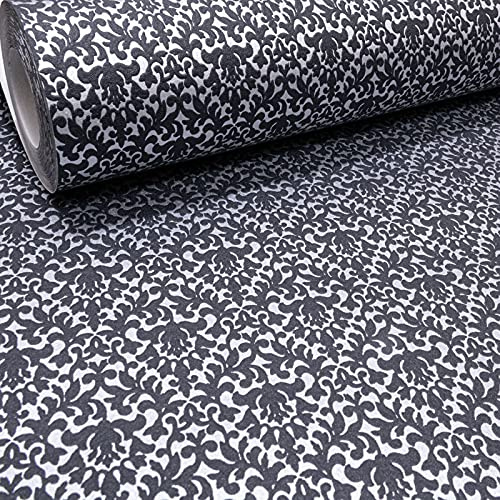 SOPHIE LAURENCE Metallic Damask Pattern Textured Vinyl Thick Wallpaper for Living Room Bedroom Hallway(Black Silver Grey)