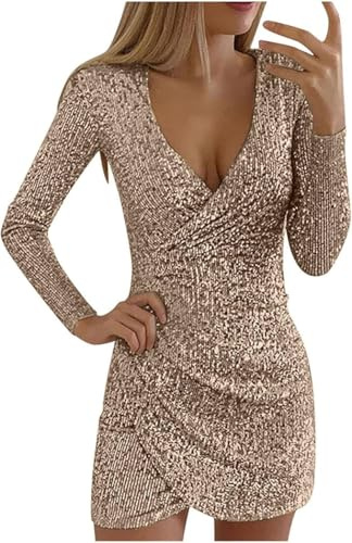Pailletten Kleider Knielang, Damen Kurz Glitzerkleid Langarm V-Ausschnitt Glänzende Kleider Sexy Partykleid Cocktailkleid Bodycon Enges Party (DE/NL/SE/PL, Alphanumerisch, M, Regular, Regular, Braun)