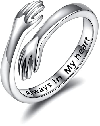 925 Sterling Silver Hug Rings for Women, I Love You Forever Love You Mother Gift Sister Gifts Engraved Words Hugging Hands Open Ring Friendship Jewelry Gift (Always in my heart)
