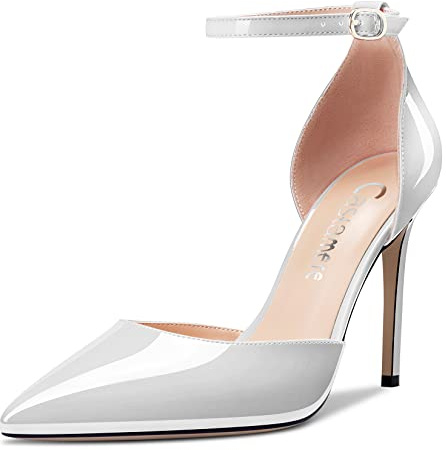 Castamere Femmes Aiguille Haut High Talon Heel Pointu Bout Lanières Cheville Two-Piece Dress Escarpins Slip-on Boucle Mariage Party 10 CM Heels Blanc 42 EU