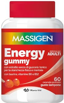 Massigen - Energy Gummy, Integratore Alimentare con Guaranà e Caffeina, Vitamine Gommose per Adulti, Gusto Lampone, 60 Caramelle, 192 g, Per Energia Fisica e Mentale