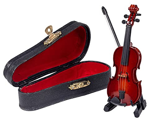 VIONNPPT 1:12 Puppenhaus Miniatur Geige mit Standbogen und Fall, Mini Holz Instrument Modell Spielzeug Ornament, Home Dekor Geschenk für Kinder und Erwachsene