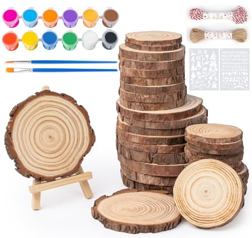 ilauke 60 Stücke Mehrfachgröße Holz Log Scheiben, Runde Naturholz Baumscheiben ohne Loch mit 10M Hanfseil, 10M Baumwollseil, 2 Kleinen Staffeleien, 2 Malvorlagen und Pigmente für DIY Malerei Handwerk