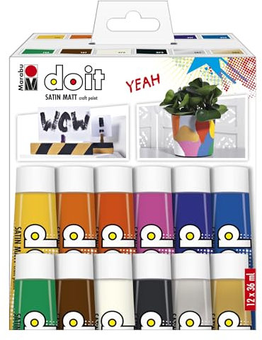 Marabu DO IT Craft Paint Set, 12 x 36 ml Farbe, seidenmatte Acrylfarbe für DIY, Basteln und Hobby, Malfarbe auf Wasserbasis, wetterfest, lichtecht, schnelltrocknend, vegan, 1276000000201