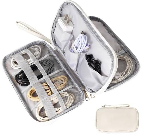 Yokuni Cable Organizer Bag, Double Layer Cable Bag with Portable Handle, Tech Bags for Cable Storage, Power Bank, SD Stick and Other Electronics Accessories (Beige)