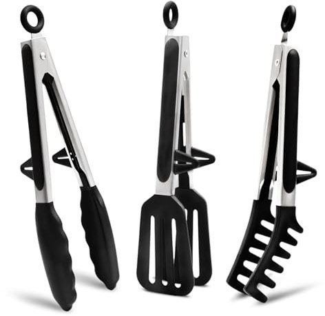 LEAZZLE 3 Piezas 26 cm Pinzas Cocina Acero Inoxidable con Puntas de Silicona, Pinzas Barbacoa, Pinzas Cocina Silicona, Utensilios Cocina para Pasta, Ensalada, Barbacoa, Fideos, Cocinas (Negro)