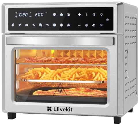 LLIVEKIT Minibackofen Heißluftfritteuse 26L, 1700W Airfryer XXL mit 12 Programmen und Rezeptbuch, Heißluft-Backofen mit digitalen LED-Display, Fritteuse mit Vorheizen Warmhalten & Aufwärmen, Silber
