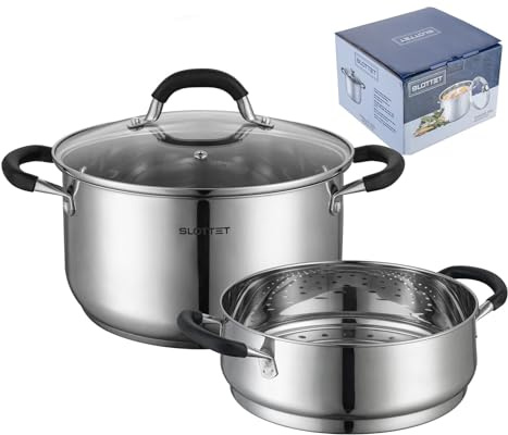 SLOTTET Stainless Steel 8 Quart Stock Pot with Steamer,8 Qt Deep Soup Pot for cooking,Multipurpose Stockpot with silicone Stay-cool Handle.