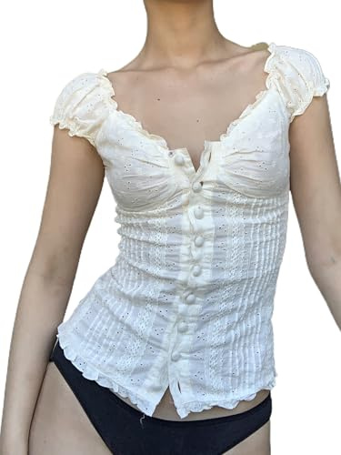 Fiacafyo Women Y2k Fairy Grunge Crop Tops Ruffle Short Sleeve Off Shoulder Blouse Slim Fit 90s Aesthetic T-Shirt Streetwear (A-White, S)