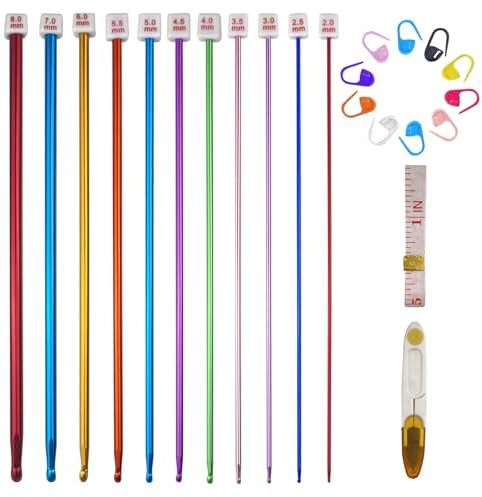 Crihovy 11 Pièces Set Crochet Tunisien, 2mm-8mm Aiguille a Tricoter, Lot Crochets Tricot, Aiguilles À Crochet avec 10 Marqueurs de Point, Crochets Multicolore Aluminium, pour Divers Projets de Tricot