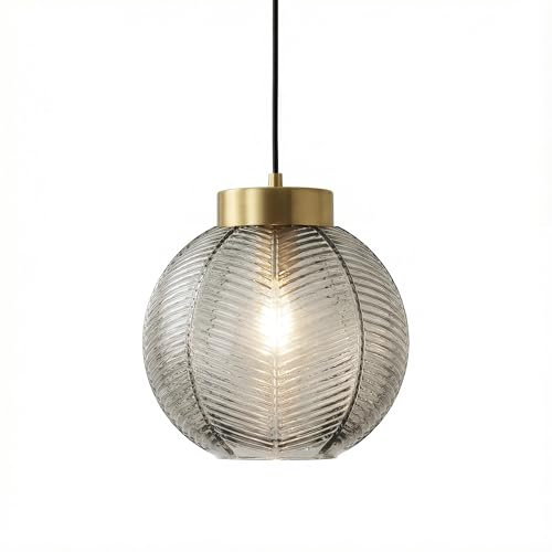Modern Retro 20cm Grey Glass Globe Pendant Light, Gold E27 Ceiling Lamp | Ceiling Light for Kitchen Island, Dining & Living Room, Bedroom | Textured Spherical Shade with Gold Top