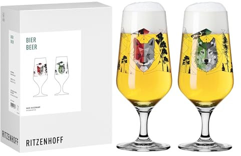 RITZENHOFF 8121001 Lot de 2 verres à bière 330 ml Série Chasseur & Collectionneur, avec motif de loup, renard, fabriqués en Allemagne