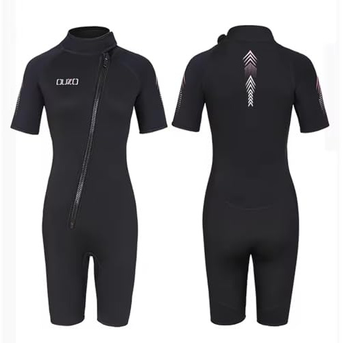 WOMEN,M,3mm Shorty Wetsuit for Men & Women – Front Zip One-Piece Neoprene Dive Suit, Short Sleeve & Short Leg Surfing Suit for Snorkeling, Scuba, Kayaking, Swimming, Water Sports