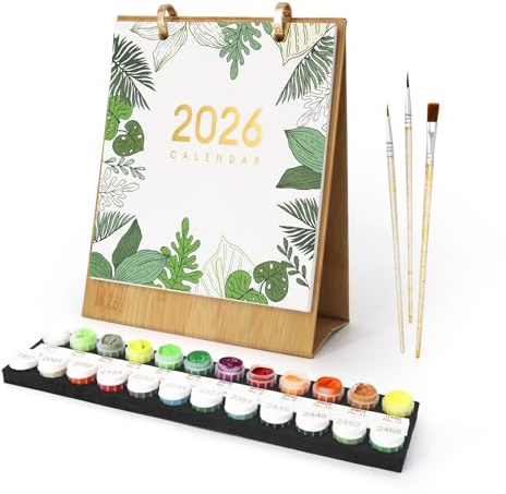 Lebartm 2026 Neuer Kalender Malen nach Zahlen Kit für Erwachsene 12 verschiedene Grünpflanzen Topfblumen Handgemalte Ölgemälde Tischkalender für Zuhause Büro Planung-Grüne Pflanzen