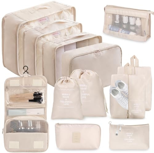 12-delad resväskearrangör, packkuber, resväskorganiseringsset, bagageorganisatör vattentät, packkuber, med packväskor, klädväskor, kosmetikväska, skoväska, arrangör resväska (beige)