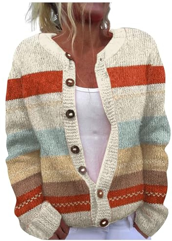 Cárdigan de lana para mujer, suéter de manga larga, estampado de rayas, vintage, frente abierto, ligero, punto holgado, cárdigan de punto holgado, suéter de otoño e invierno, abrigo casual con botones