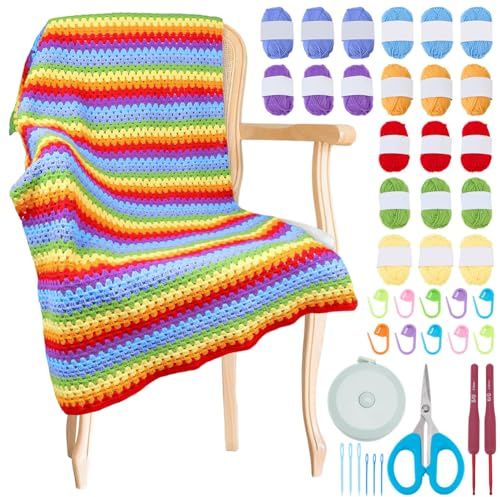WEBEEDY Kit de manta de ganchillo arco iris con video tutorial para principiantes adultos, kit de inicio, aprende a ganchillo, manta con hilo suave y gancho para fácil de tejer