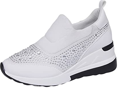 Sneaker dam, kilklack, platå, sneakers, damer, glitter, strass, sportskor, läder, slip-skor, trendiga fritidsskor, bekväma promenadskor, vattentäta, utomhusskor, slitstarka, arbetsskor