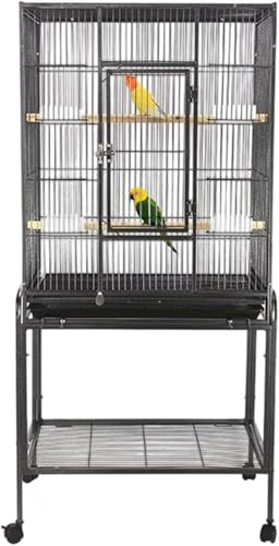 53 Inch Bird Cage with Wooden Perches, Standing Wrought Iron Birdcage with Wheels, Large Parrot Cage Bird Cages with Slide-Out Tray Water Bottle Feeder for Parakeets,Cockatiel, Canary,Pigeons