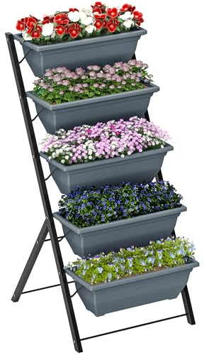 Outsunny Jardinière surélevée avec étages, jardinière Verticale avec 5 bacs à Fleurs, Trous de Drainage avec Bouchons en Caoutchouc, escalier pour Plantes, légumes, Herbes, Cadre en Acier, Gris