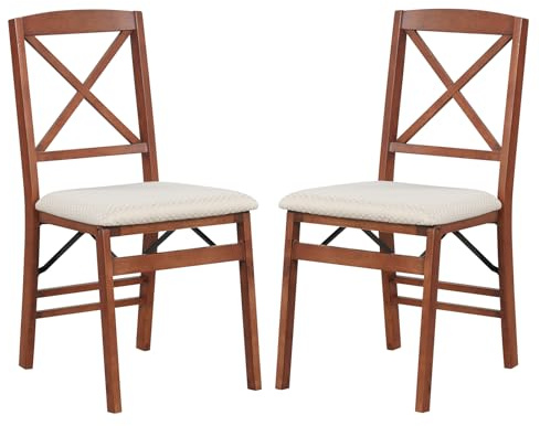 GiantexUK Folding Dining Chairs, Set of 2 Kitchen Chairs with Rubber Wood Frame, Upholstered Seat, Hollowed Backrest, Farmhouse Dinner Chair for Kitchen Dining Room (Walnut+Beige, Linen Fabric) | Set of 2 Kitchen Chairs with Rubber Wood Frame, Upholstered Seat, Hollowed Backrest, Farmhouse Dinner Chair for Kitchen