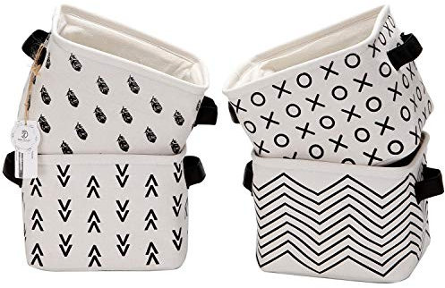 Sea Team Foldable Mini Square New Black and White Theme 100% Natural Linen & Cotton Fabric Storage Bins Storage Baskets Organizers for Shelves & Desks - Set of 4 (Black 4pcs)