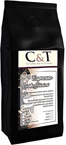 Granos de café descafeinado, nuestra crema Espresso – 1000 g de grueso molido, para cafetera de émbolo French-Press, cafetera de émbolo, granos tostados, café sin mezcla de cafeína.
