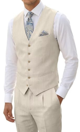 High-End Suits Casual Lightweight Breathable Linen Beige Men's 2 Piece Wedding Suit Slim Fit Groomsmen Tuxedos Prom Party Daily Wear Vest Pant be-4034