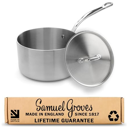 Samuel Groves 16cm Stainless Steel Saucepan with Lid, Tri-Ply Induction Sauce Pan, Oven Safe Professional Cookware, Uncoated Metal Pan for Gas, Electric & Ceramic Hobs, Made in England Since1817