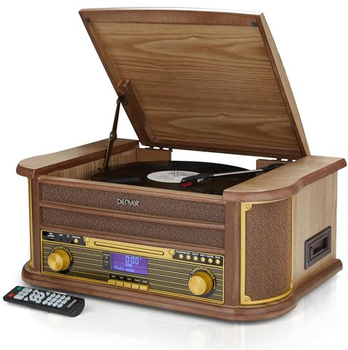 Denver 9-in-1 Retro Vintage DAB Bluetooth Wooden Radio Record Player With Speakers – DAB+ Radio, FM, Record Player, Cassette & CD Player, AUX IN, MP3 USB Recording, AUX IN And Line Out - MRD-51BT