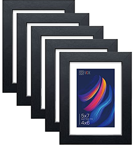 VCK 5x7 Picture Frame Black Set of 5, Textured Exclusive Wooden Photo Frames with HD Glass | Matted to 4x6 or 5x7 without Mat